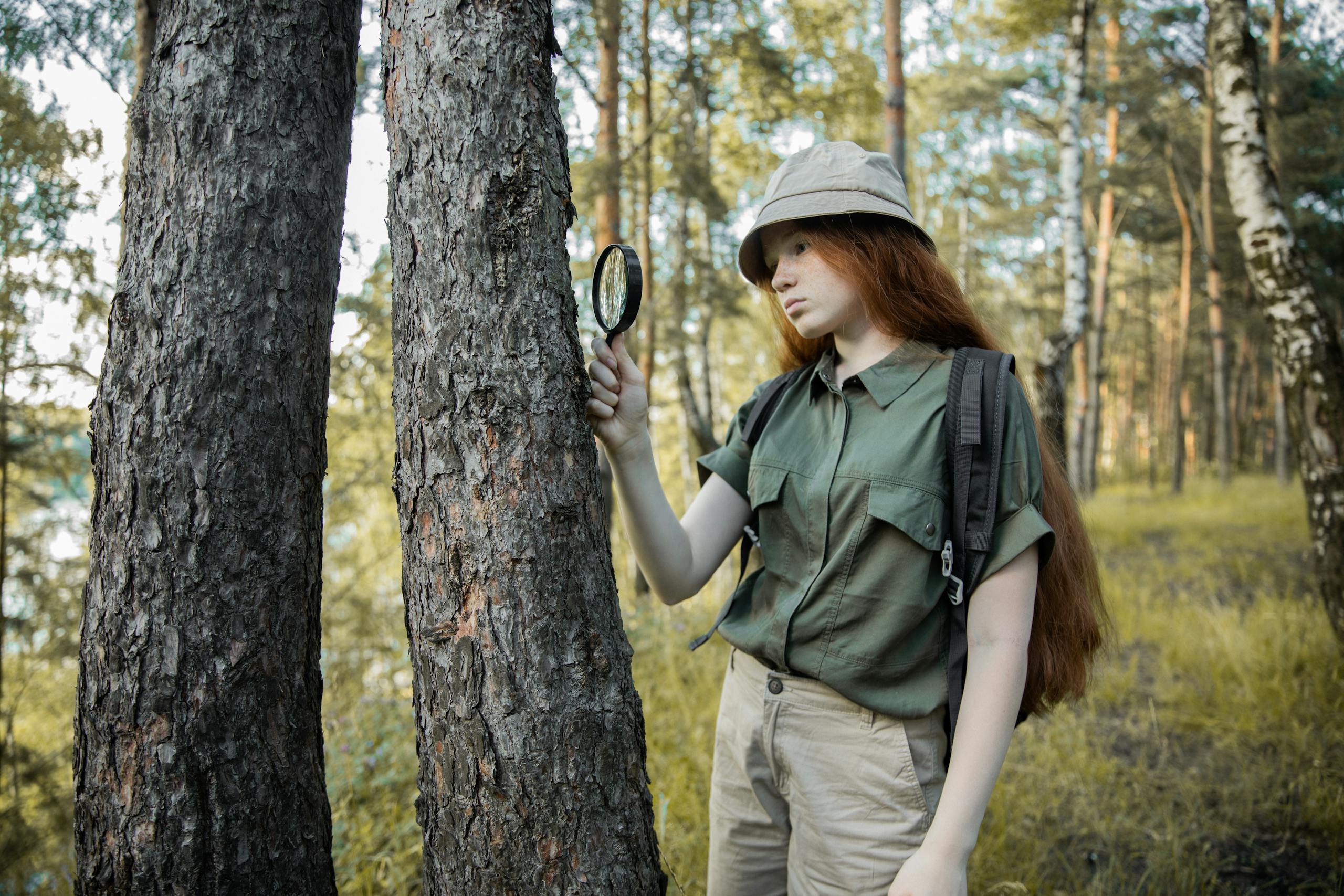A young explorer examines tree bark using a magnifying glass in the forest.