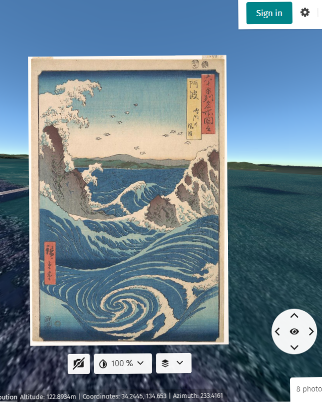 3D地形の上に浮世絵『阿波鳴門の風波』を重ねている画面
