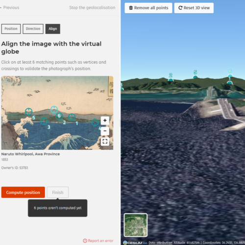 版画と3D地形の同じ地点を線で結び、位置を合わせている画面