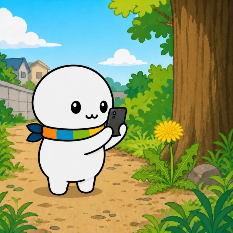 見つけたいきものをスマートフォンで撮影しているイラスト