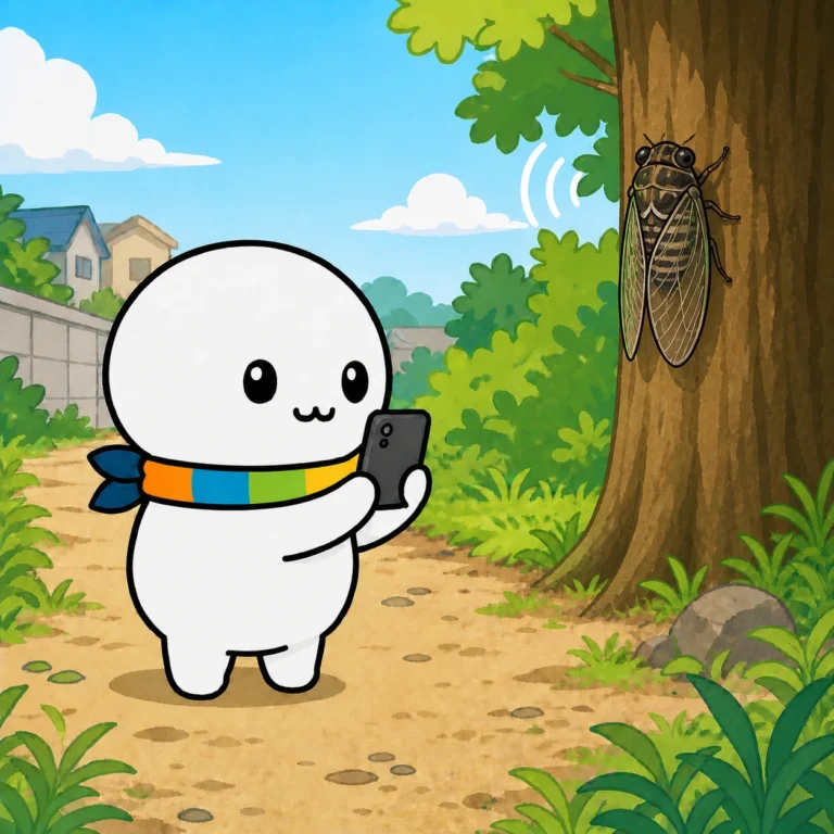 木を見上げて、鳴き声をたよりにセミをさがしているイラスト