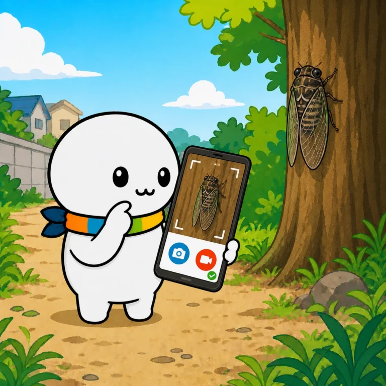 スマートフォンでセミの姿を撮影しているイラスト