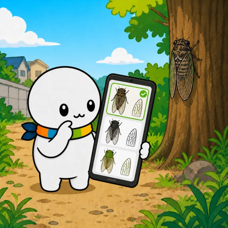 図鑑をひらて、セミの種類を調べているイラスト