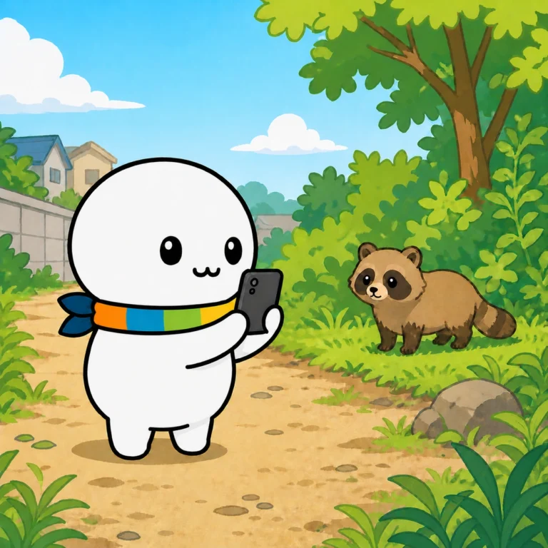 道でタヌキらしい生き物を見つけて、スマホで撮影しているイラスト