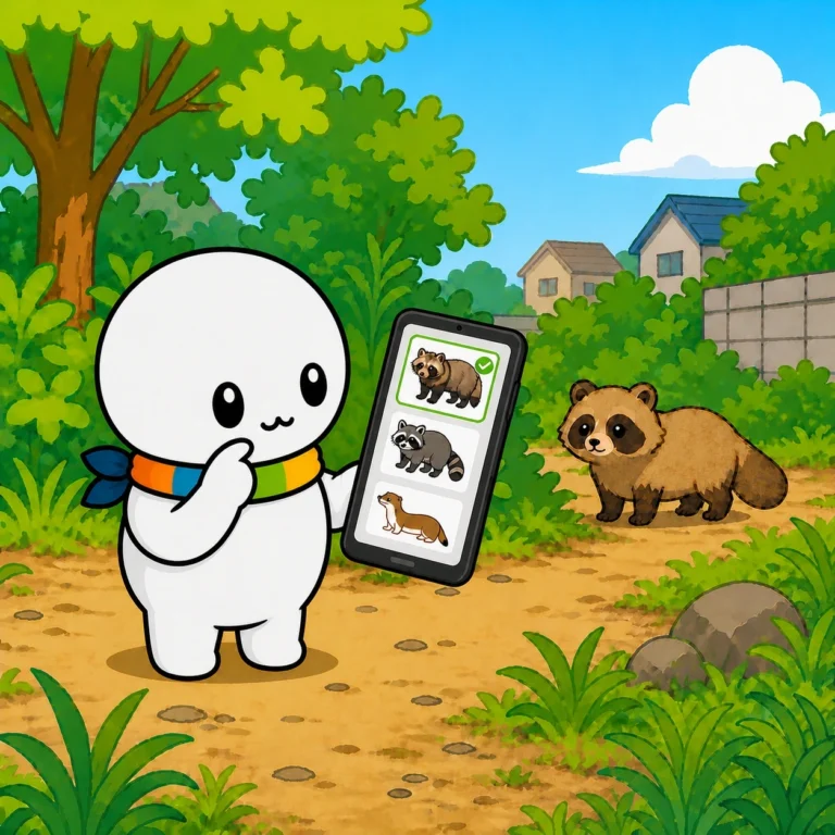 スマホの図鑑でタヌキ・アライグマ・イタチを見比べているイラスト