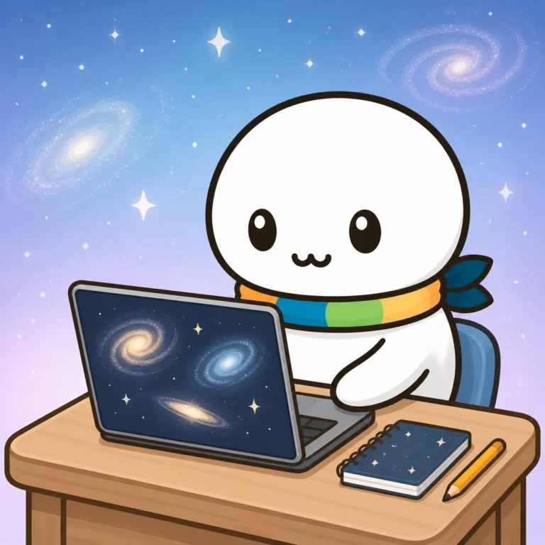 ノートパソコンで銀河の画像を見ながら、ノートに書きこんで学んでいるイラスト