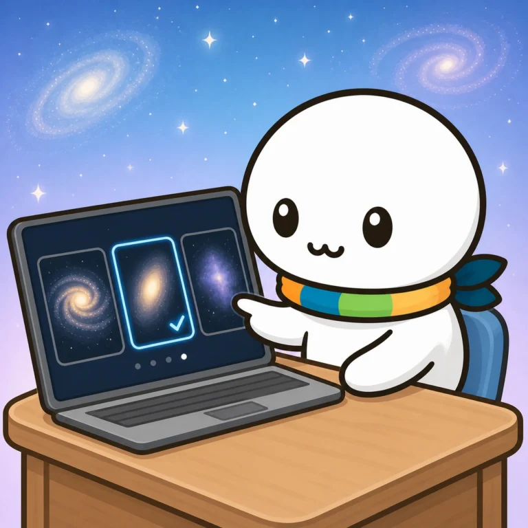 画面に並んだ銀河から、あてはまる形をえらんで分類しているイラスト