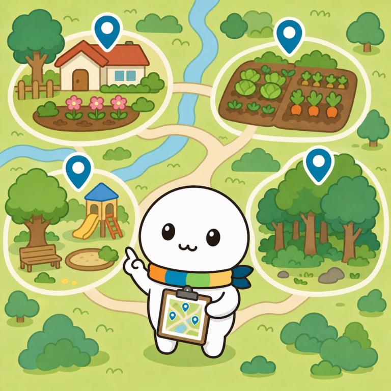 庭・畑・公園など身近な4地点から土を採る場所をえらぶイラスト