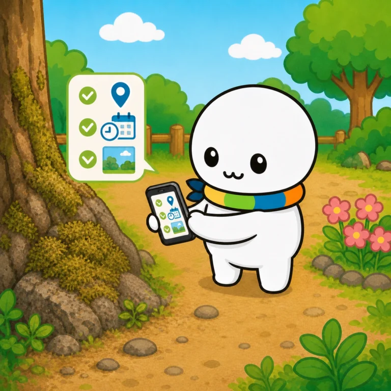 スマートフォンのアプリで、採った場所を記録しているイラスト