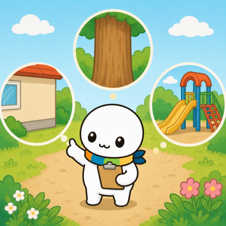 家の外壁・樹の幹・遊具など、サンプリングする場所をえらんでいるイラスト