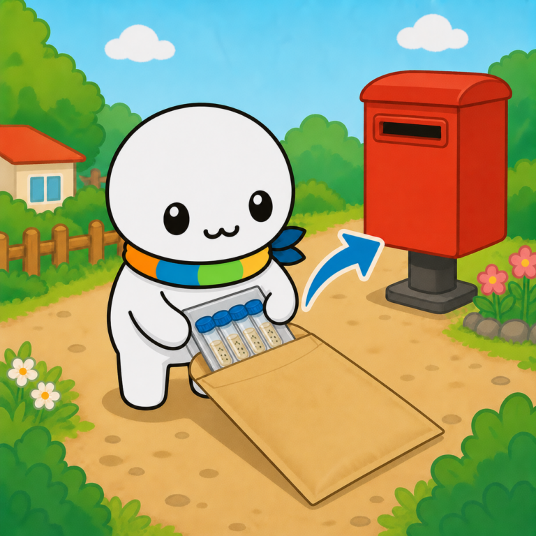 サンプル管を封筒に入れてポストに投函するイラスト