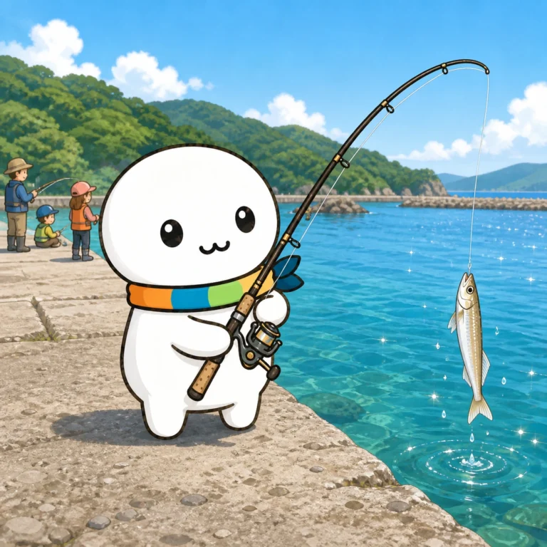 海岸で釣りざおを持って、シロギスを釣っているイラスト