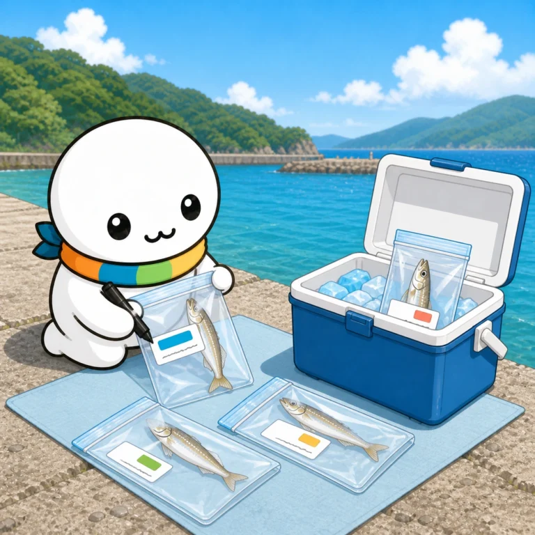 釣れたシロギスを1匹ずつ袋に入れているイラスト