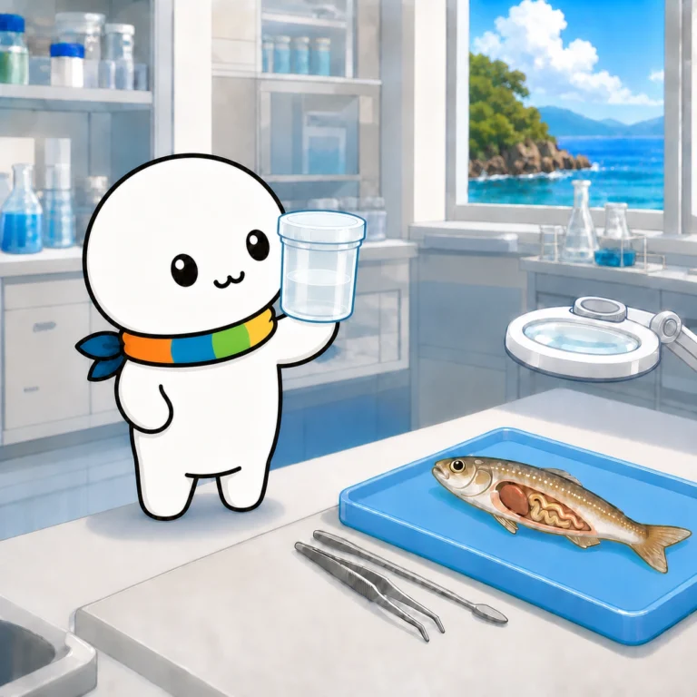 実験室でシロギスの匂いを確かめ、解剖しているイラスト