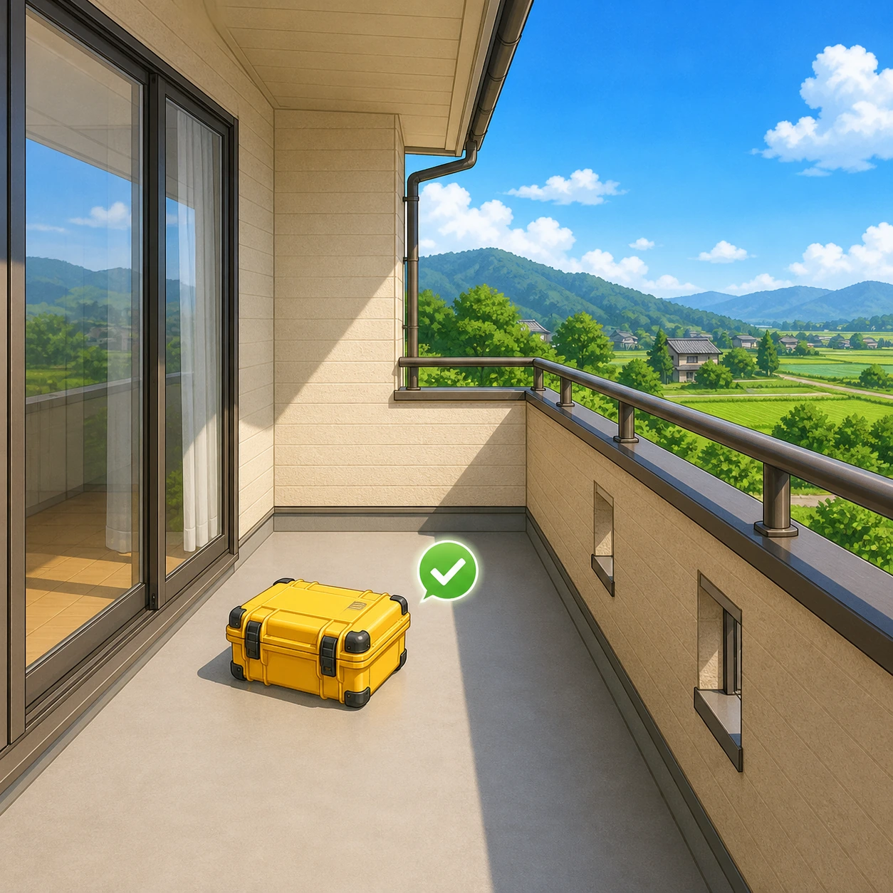 住宅のベランダに観測機コガモを設置するイラスト