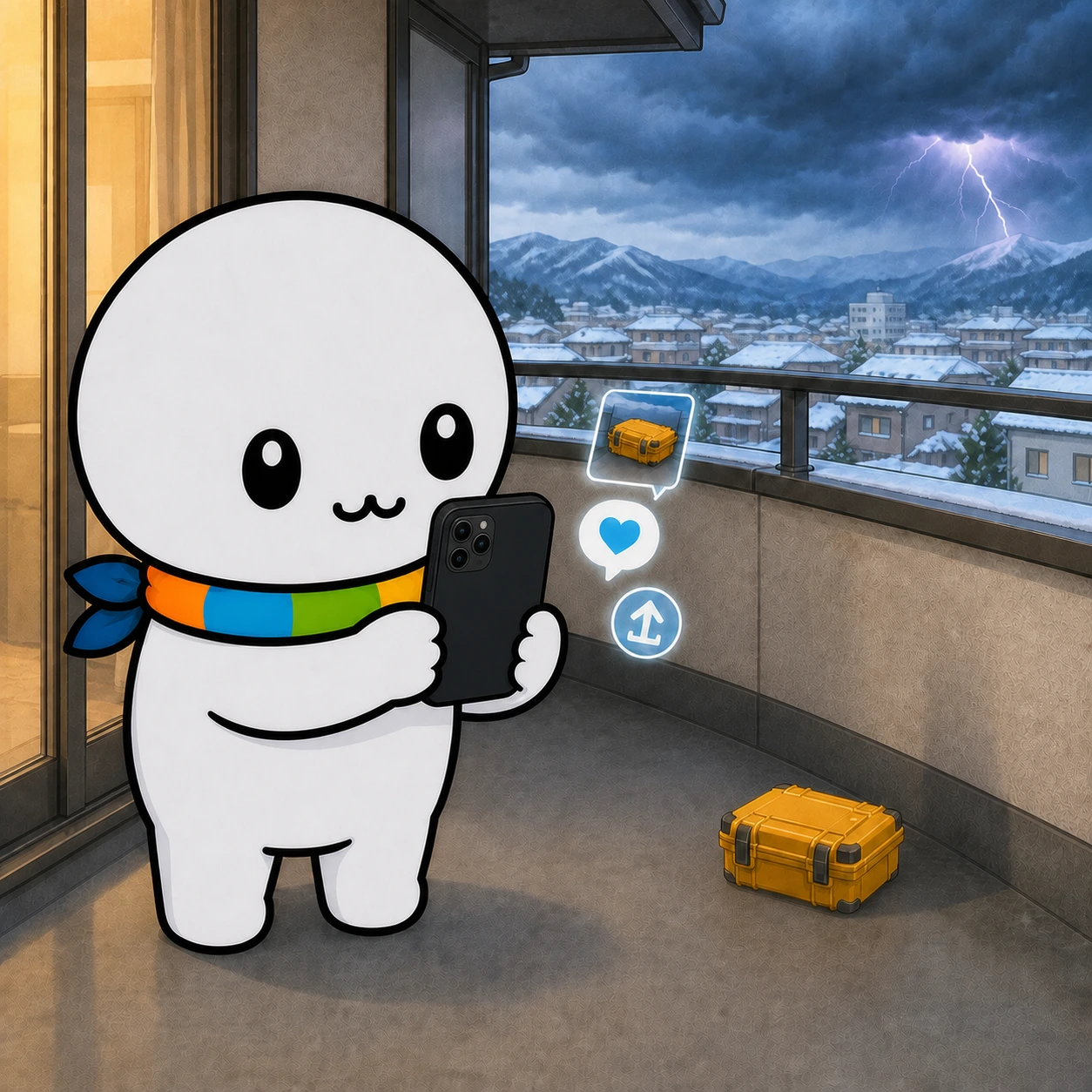 スマートフォンで空と観測機コガモを撮影して共有するイラスト